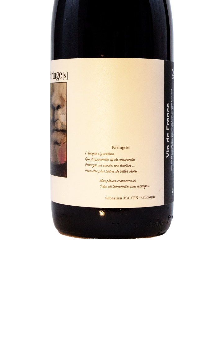 détail de l'étiquette de la cuvée Partage(s) vin des copains du Languedoc élevé en cuves pour émotions gastronomiques